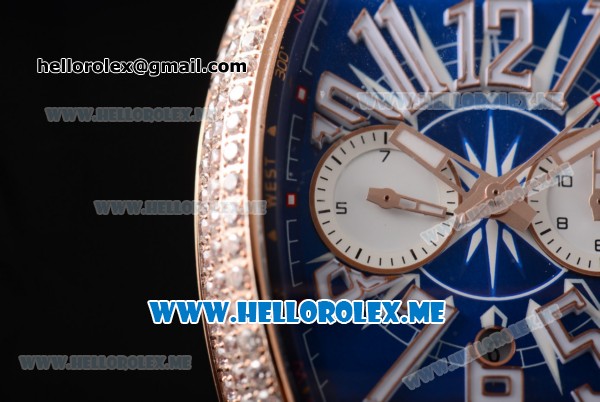 Franck Muller Vanguard Miyota OS20 Quartz Rose Gold Case with Blue Dial Blue Leather Strap Arabic Numeral Markers and Diamonds Bezel - Click Image to Close